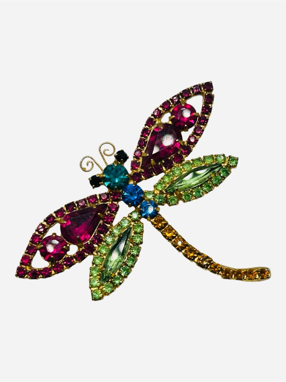 Vintage Multi Color Pastel Rhinestone Dragonfly Brooch